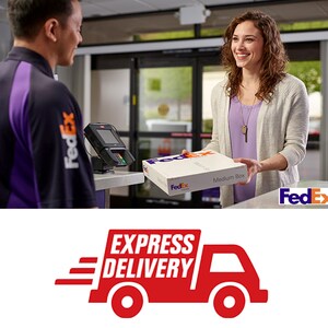 May include: A FedEx employee hands a customer a white FedEx box labeled "Medium Box". The box is being shipped via FedEx Express Delivery.