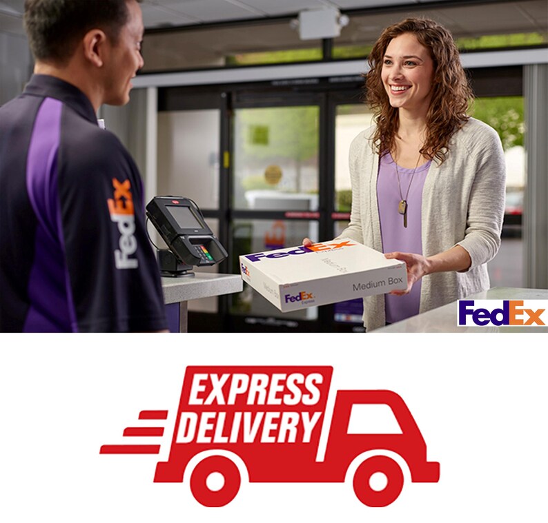 May include: A FedEx employee hands a customer a white FedEx box labeled "Medium Box". The box is being shipped via FedEx Express Delivery.