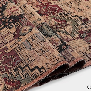 May include: A woven fabric featuring a complex geometric pattern in shades of deep red, black, olive green, and tan. The textile displays intricate interlocking shapes and lines, with the text COLOR 3 printed in the bottom right corner.
