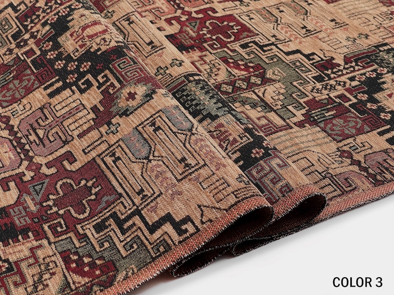 May include: A woven fabric featuring a complex geometric pattern in shades of deep red, black, olive green, and tan. The textile displays intricate interlocking shapes and lines, with the text COLOR 3 printed in the bottom right corner.