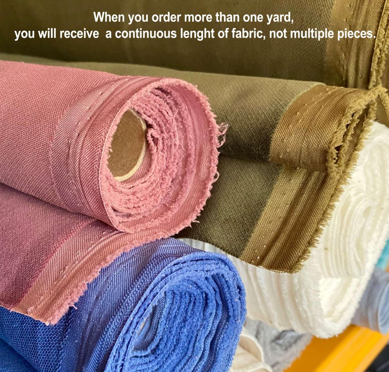May include: Rolled fabric in various colors, including pink, blue, and olive green. The image shows multiple rolls of fabric, with the text: "When you order more than one yard, you will receive a continuous length of fabric, not multiple pieces."