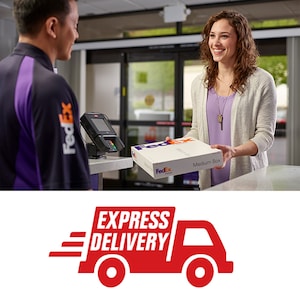 May include: A woman hands a FedEx package to a FedEx employee. The package is labeled "Medium Box". The FedEx logo is visible on the package. The text "EXPRESS DELIVERY" is displayed in red on a red truck with white wheels.