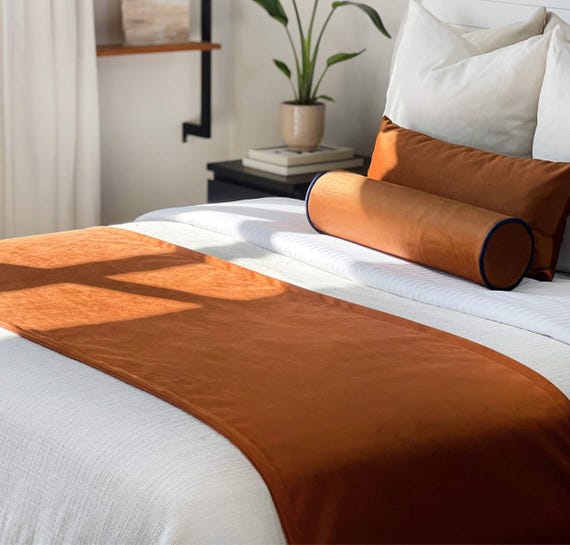 Burnt Orange / Rust Velvet Bed Runner -Double Sided Bed Scarf -Hotel Style Luxury Bedding Accent -Queen King Velvet Bed Throw -Bedroom Decor