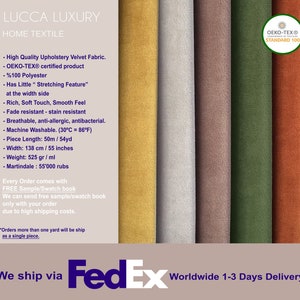Puede incluir: Primer plano de seis muestras de tela en diferentes colores. Las muestras est&aacute;n etiquetadas con "LUCCA LUXURY HOME TEXTILE" y llevan el logotipo OEKO-TEX&reg; STANDARD 100. La tela se describe como terciopelo de tapicer&iacute;a de alta calidad, 100% poli&eacute;ster, resistente a la decoloraci&oacute;n, resistente a las manchas, transpirable, antial&eacute;rgico, antibacteriano, lavable a m&aacute;quina y tiene una clasificaci&oacute;n Martindale de 55.000 frotamientos.