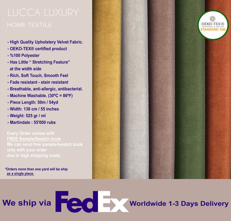 Puede incluir: Primer plano de seis muestras de tela en diferentes colores. Las muestras est&aacute;n etiquetadas con "LUCCA LUXURY HOME TEXTILE" y llevan el logotipo OEKO-TEX&reg; STANDARD 100. La tela se describe como terciopelo de tapicer&iacute;a de alta calidad, 100% poli&eacute;ster, resistente a la decoloraci&oacute;n, resistente a las manchas, transpirable, antial&eacute;rgico, antibacteriano, lavable a m&aacute;quina y tiene una clasificaci&oacute;n Martindale de 55.000 frotamientos.