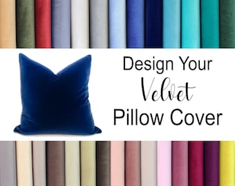 May include: A selection of fabric swatches in various colors, including green, red, blue, gray, and teal. The swatches are arranged in a row, and the text "Design Your Velvet Pillow Cover" is displayed above them.
