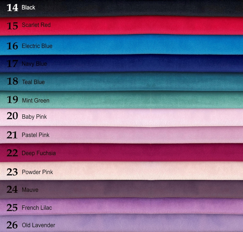 Puede incluir: Una carta de colores que muestra 12 muestras de tela diferentes, numeradas del 14 al 26. Las muestras est&aacute;n dispuestas verticalmente, con el color m&aacute;s oscuro en la parte superior y el color m&aacute;s claro en la parte inferior. Los colores son: negro, rojo escarlata, azul el&eacute;ctrico, azul marino, azul aguamarina, verde menta, rosa beb&eacute;, rosa pastel, fucsia intenso, rosa polvo, malva, lila franc&eacute;s y lavanda antigua.