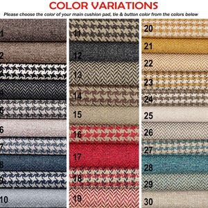 Puede incluir: Una carta de colores muestra muestras de tela en varios patrones y tonos. El texto "COLOR VARIATIONS" est&aacute; en la parte superior. Las muestras est&aacute;n numeradas e incluyen tonos de marr&oacute;n, gris, azul, rojo y amarillo. Tambi&eacute;n est&aacute; presente el texto "Please choose the color of your main cushion pad, tie & button color from the colors below".