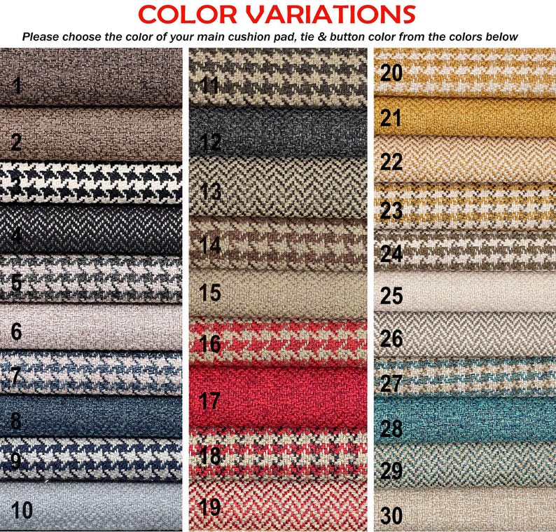 Puede incluir: Una carta de colores muestra muestras de tela en varios patrones y tonos. El texto "COLOR VARIATIONS" est&aacute; en la parte superior. Las muestras est&aacute;n numeradas e incluyen tonos de marr&oacute;n, gris, azul, rojo y amarillo. Tambi&eacute;n est&aacute; presente el texto "Please choose the color of your main cushion pad, tie & button color from the colors below".