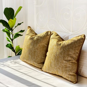 Mustard Yellow Pillow Cover with Piping Cotton Linen & Velvet Combine Luxury Welt Pillow Cover Yellow Throw Pillow Piped Edge Pillow image 2