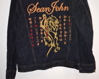 Sean John Denim Jacket and Jeans - Both with Embroidery of a Stylized Lion and Asian Characters.