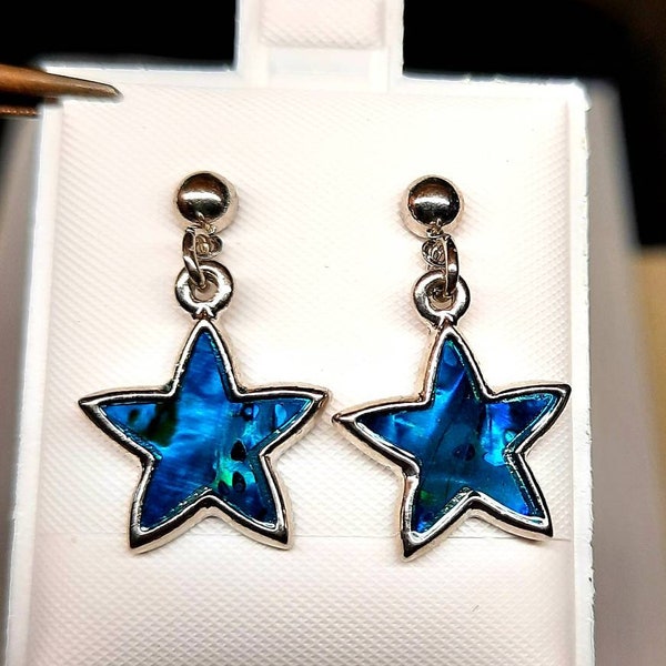 Blue Star Paua shell earrings, patriotic jewelry, shell earrings, USA theme, fourth of July outfit, military homecoming, tropical vacation