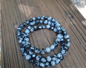 Snowflake obsidian 6mm beaded bracelet, grade aaa highly polished stone, healing bracelet