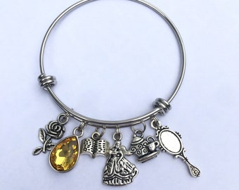 Belle inspired bracelet, beauty and the beast themed charm bracelet, princess charms, magical jewelry, be our guest