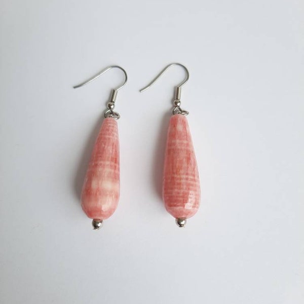 Rhodochrosite jade earrings, carved stone jewelry, pink rhodochrosite jade jewelry,