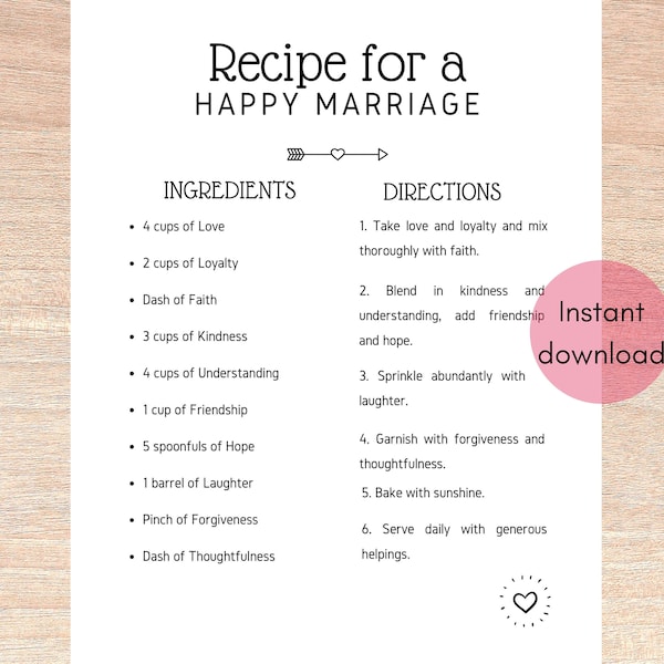 Recipe Card For Love Printable, Happy Marriage Quote, Advice for the Bride or Groom, Anniversary Sayings PNG