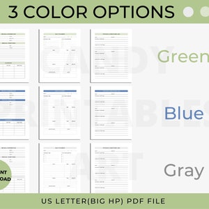 Pu&ograve; includere: Tre pagine di pianificatore stampabili in diversi colori: verde, blu e grigio. Le pagine includono sezioni per "Informazioni mediche", "Pianificatore giornaliero" e "Elenco delle domande mediche". &Egrave; anche visibile il testo "Download immediato" e "File PDF US Letter (grande formato)".