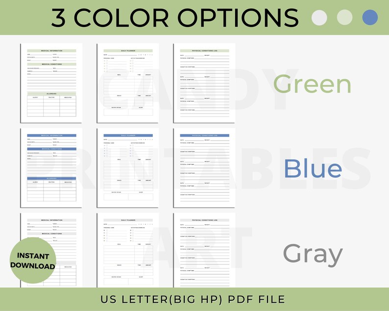 Pu&ograve; includere: Tre pagine di pianificatore stampabili in diversi colori: verde, blu e grigio. Le pagine includono sezioni per "Informazioni mediche", "Pianificatore giornaliero" e "Elenco delle domande mediche". &Egrave; anche visibile il testo "Download immediato" e "File PDF US Letter (grande formato)".