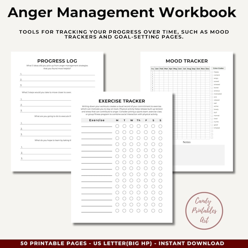 Mood tracker and progress tracking log from Anger Management Planner printable