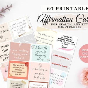 Tarjetas de afirmación para el pensamiento positivo, tarjetas de autocuidado motivacionales imprimibles, citas inspiradoras de afirmación de gratitud
