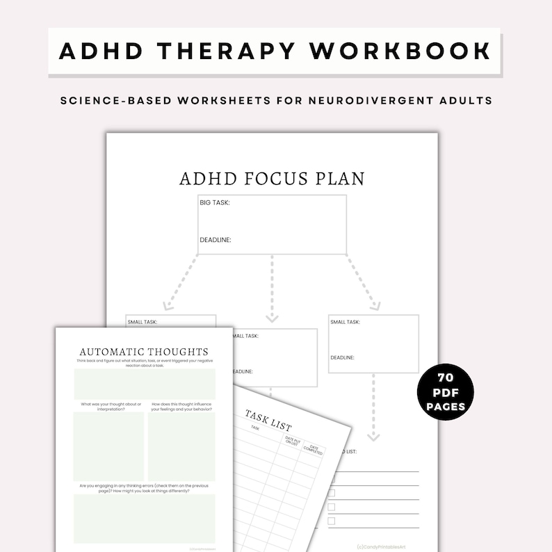 CBT for ADHD Worksheets Bundle, ADHD Workbook Adults, Neurodivergent Planner, Coping Skills, Focus, Productivity Workbook, printable