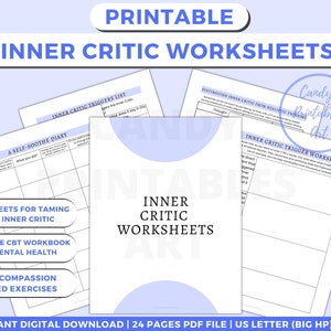 May include: Printable worksheets for taming your inner critic. The worksheets include a self-soothe diary, inner critic triggers list, and a worksheet to distinguish inner critic from realistic thinking. The worksheets are 24 pages long and are in US letter size.