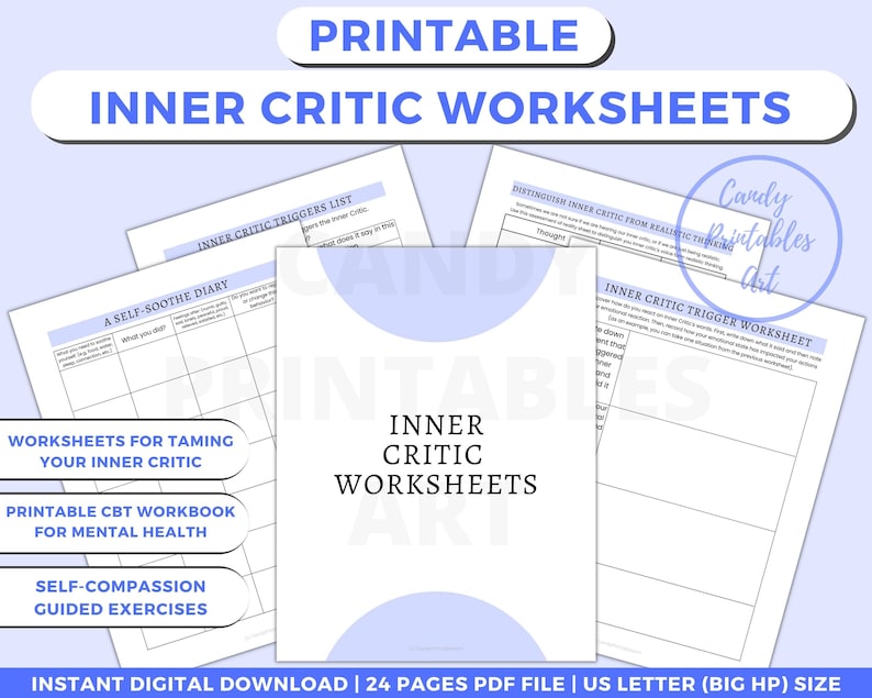 Inner Critic Worksheets, pdf file, negative thoughts worksheets, self-esteem building printable