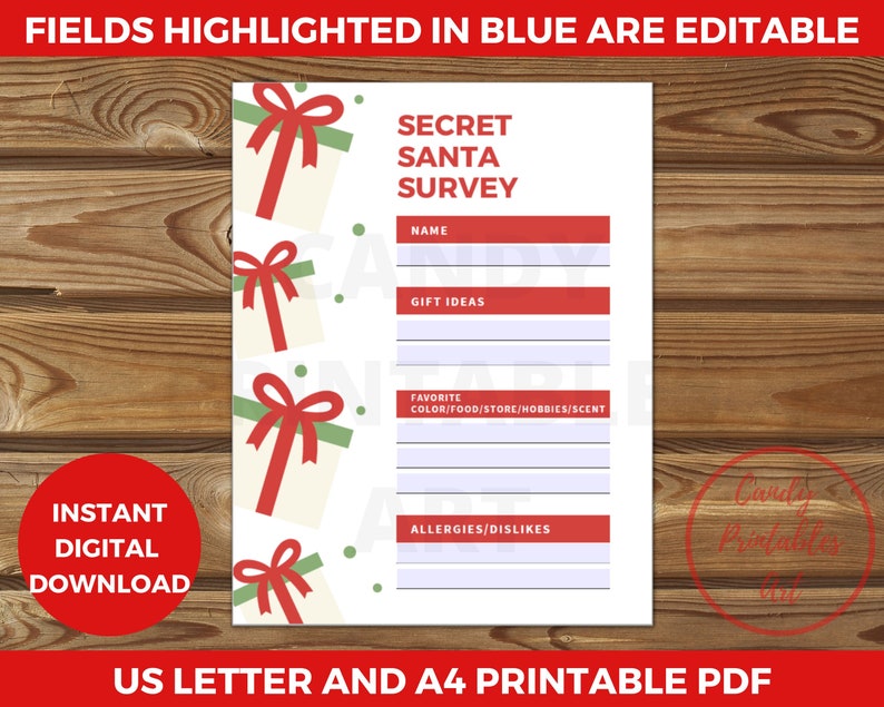 Secret Santa Questionnaire Printable Secret Santa Form Work - Etsy