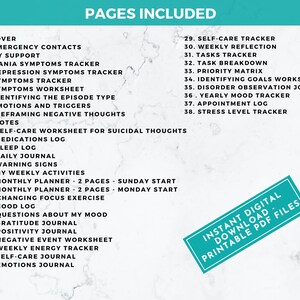 Bipolar Journal with Mood Tracker, printable PDF, 40 pages A4 and US Letter size, instant digital download. Black font and blue accent color.