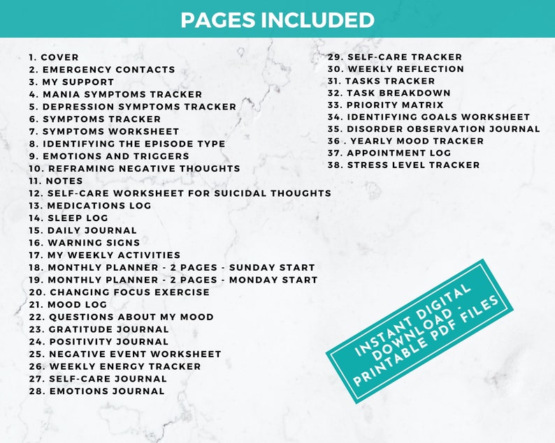 Bipolar Journal with Mood Tracker, printable PDF, 40 pages A4 and US Letter size, instant digital download. Black font and blue accent color.