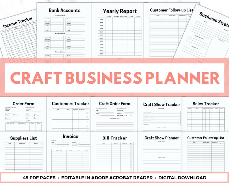 Craft Business Planner, instant digital download, 45 editable PDF pages, printable file with invoices, order forms, inventory trackers for small business. Black and white pages, no graphics, minimalist design. A4 and US Letter size.