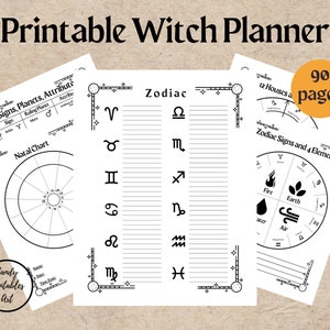 Puede incluir: Un planificador de bruja imprimible con p&aacute;ginas sobre signos del zodiaco, cartas natales y elementos astrol&oacute;gicos. El dise&ntilde;o es en blanco y negro con bordes decorativos. El texto "Printable Witch Planner" es visible. Contiene 90 p&aacute;ginas.