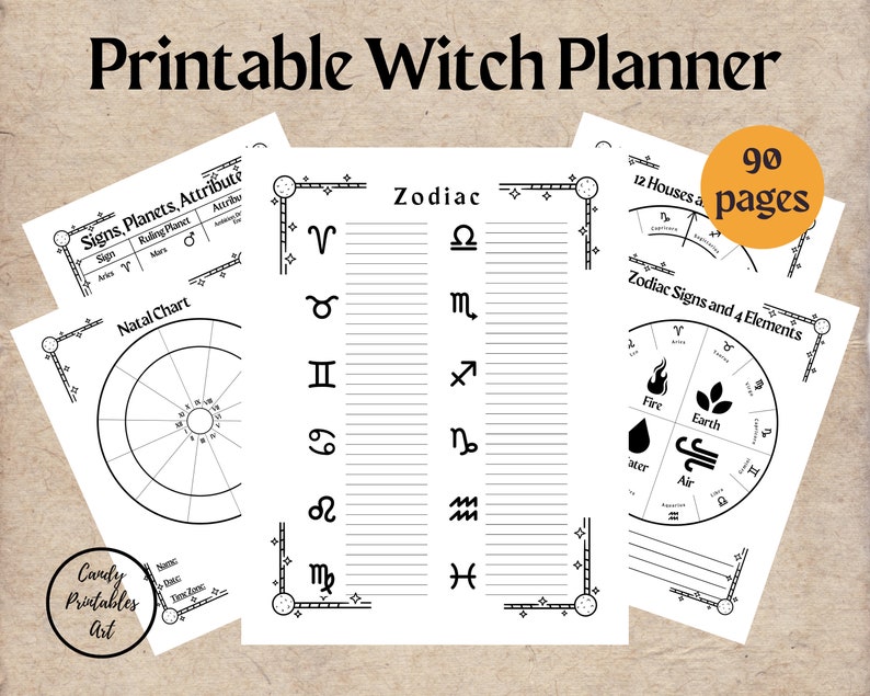 Puede incluir: Un planificador de bruja imprimible con p&aacute;ginas sobre signos del zodiaco, cartas natales y elementos astrol&oacute;gicos. El dise&ntilde;o es en blanco y negro con bordes decorativos. El texto "Printable Witch Planner" es visible. Contiene 90 p&aacute;ginas.