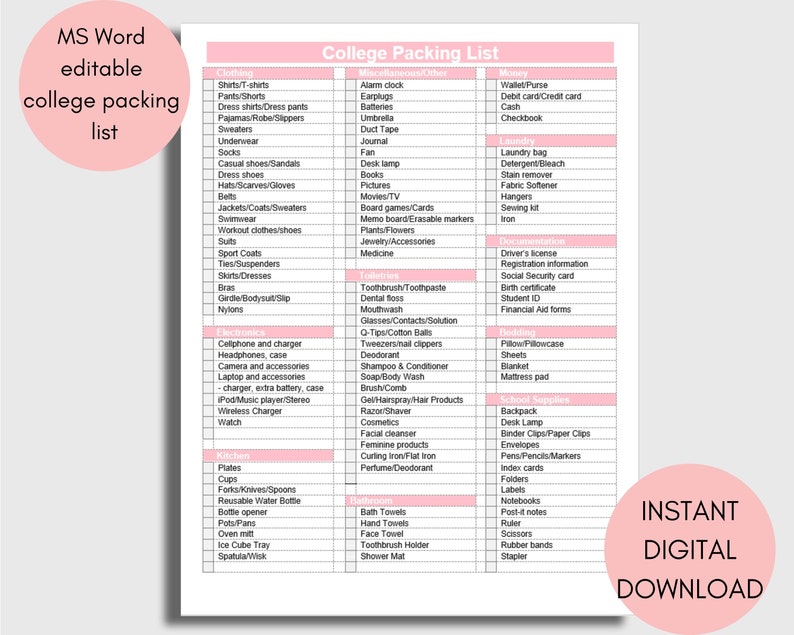 printable college packing list for girls dorm packing list