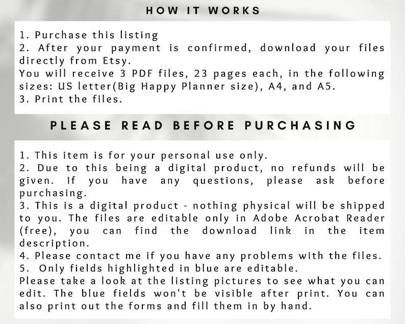 Terms and conditions - this is a personal use only digital download file, PDF format, editable in Adobe Reader