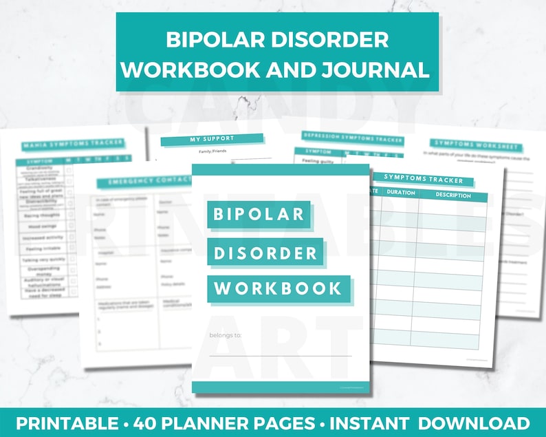 Bipolar Disorder Workbook, printable PDF, 40 pages A4 and US Letter size, instant digital download. Black font and blue accent color.