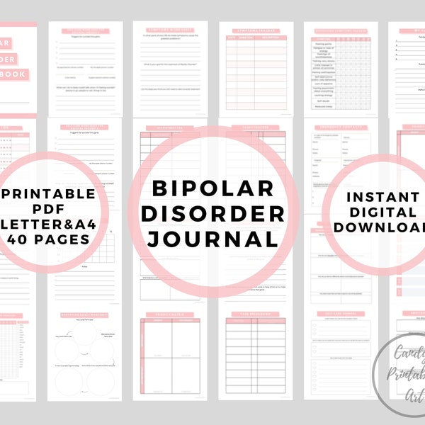 Bipolar Mood Tracker, Bipolar Journal, Bipolar Symptom Tracker, Printable Mental Health Tool