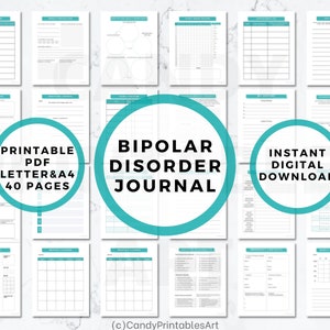 Bipolar Disorder Journal, printable PDF, 40 pages A4 and US Letter size, instant digital download. Black font and blue accent color.