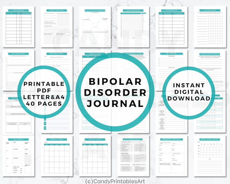 Bipolar Disorder Journal, printable PDF, 40 pages A4 and US Letter size, instant digital download. Black font and blue accent color.
