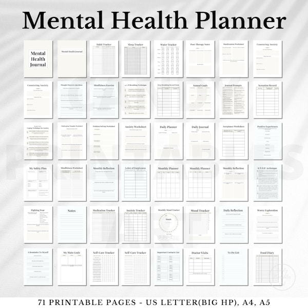Mental Health Journal, Printable Mental Health Planner, Anxiety Mood Tracker, Digital Template, Bullet Journal