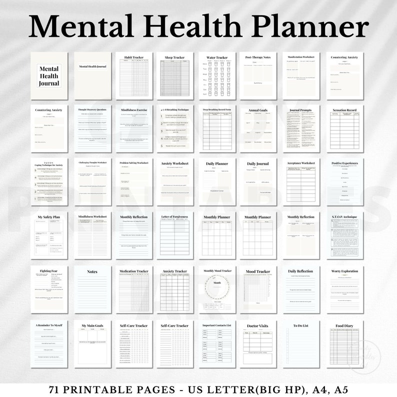 Mental Health Journal Printable, Self-Care Planner, Therapy Workbook, Mood Tracker, Anxiety Journal, Depression Diary, Wellness Planner, PDF file, 71 pages, digital download