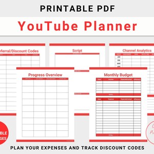 YouTube Planner for video content creators, instant digital download file, US Letter size, red accent color, PDF format, 43 pages