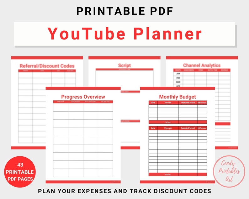YouTube Planner for video content creators, instant digital download file, US Letter size, red accent color, PDF format, 43 pages