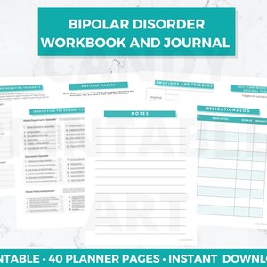 Bipolar Journal with Mood Tracker, printable PDF, 40 pages A4 and US Letter size, instant digital download. Black font and blue accent color.