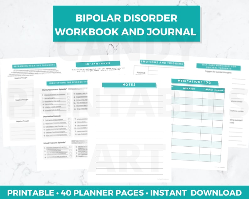 Bipolar Journal with Mood Tracker, printable PDF, 40 pages A4 and US Letter size, instant digital download. Black font and blue accent color.