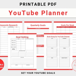 YouTube Planner for bloggers or influencers, instant download file, US Letter size, red accent color, PDF format file, 43 pages