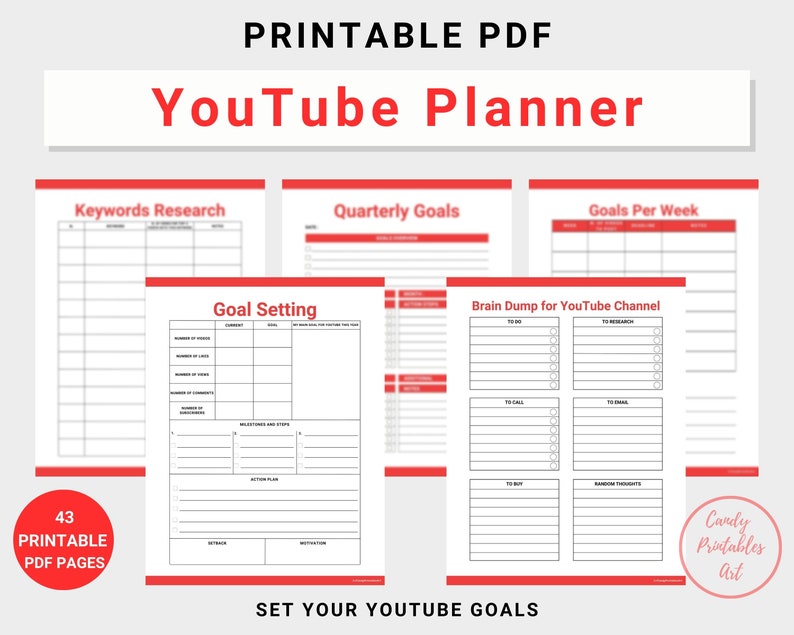 YouTube Planner for bloggers or influencers, instant download file, US Letter size, red accent color, PDF format file, 43 pages