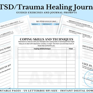 May include: A printable journal with a blue background and the text "PTSD/Trauma Healing Journal" in black. The journal includes guided exercises and journal prompts to help with coping skills and techniques. The journal is designed to help people deal with depression, anxiety, or anger.