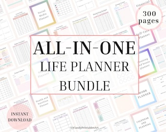 May include: A digital planner bundle with a rainbow gradient border. The bundle includes 300 pages of printable planners for various aspects of life, including social media, work, self-care, health and nutrition, and more. The text "ALL-IN-ONE LIFE PLANNER BUNDLE" is displayed in bold, black letters.