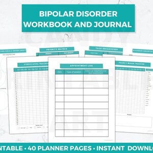 Bipolar Journal with Mood Tracker, printable PDF, 40 pages A4 and US Letter size, instant digital download. Black font and blue accent color.